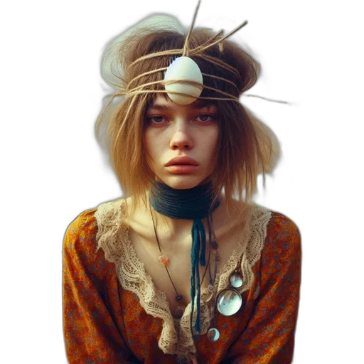 hat, jewelry, mask, hair, photorealistic, fantasy art, concept art, oil painting transparent PNG cut-out