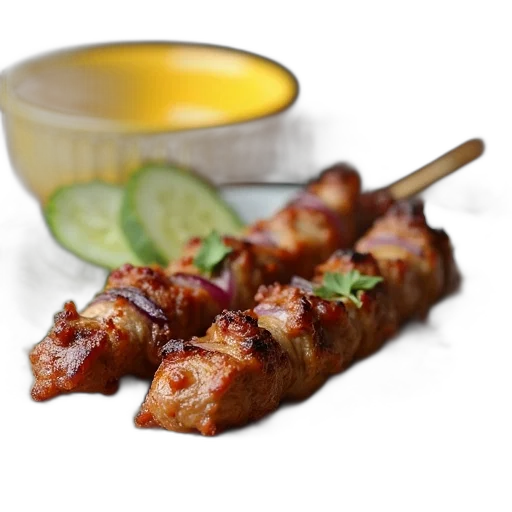 food, 3d render, plate, two, skewers, meat, onions, served transparent PNG cut-out