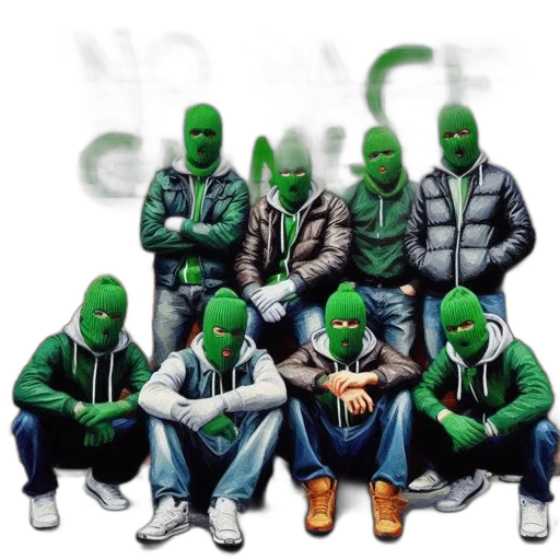 mask, jacket, concept art, comic book art, green, group, masked, individuals transparent PNG cut-out