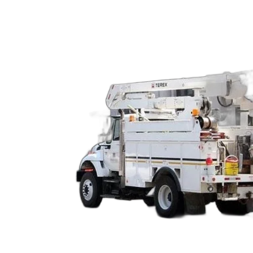 robot, 3d render, white, terex, utility, truck, parked, exchange transparent PNG cut-out