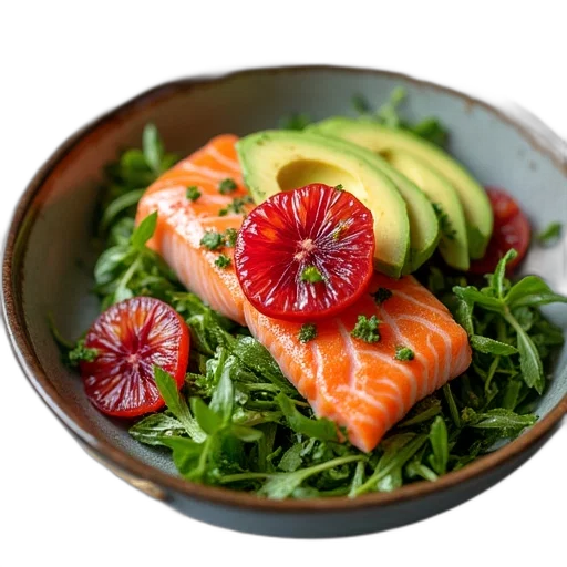 food, photorealistic, bowl, salmon transparent PNG cut-out