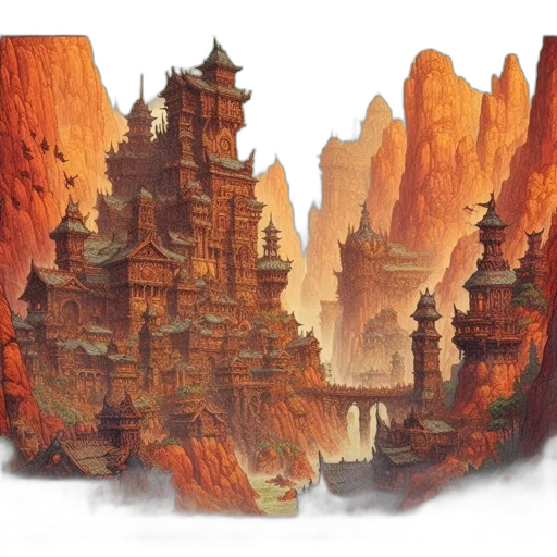 concept art, fantasy art, watercolor, photorealistic, fog, forest, city street, fire transparent PNG cut-out