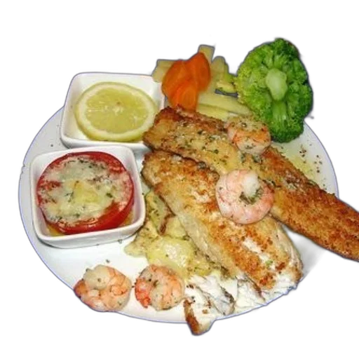 food, photorealistic, plate, seafood, shrimp, fish, vegetables, accompanied transparent PNG cut-out