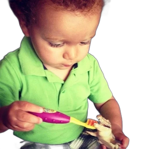 food, photorealistic, child, green, shirt, brushing, toy, dinosaur transparent PNG cut-out