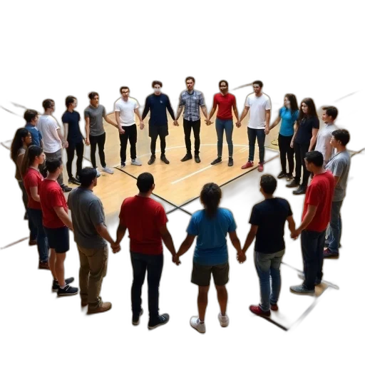 staff, group, people, gathered, gymnasium, standing, circle, holding transparent PNG cut-out