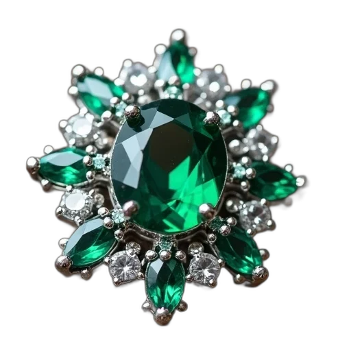 jewelry, crown, green, close-up, image, silver, brooch, central transparent PNG cut-out