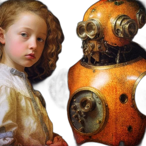 robot, mask, dress, photorealistic, oil painting, concept art, fantasy art, outer space transparent PNG cut-out