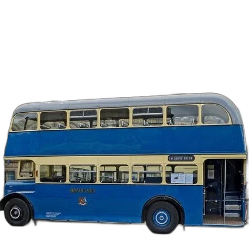 3d render, concept art, blue, double-decker, bus, word, bradford, parked transparent PNG cut-out
