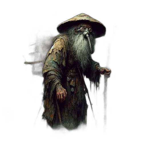 staff, hat, creature, face, concept art, fantasy art, photorealistic, oil painting transparent PNG cut-out