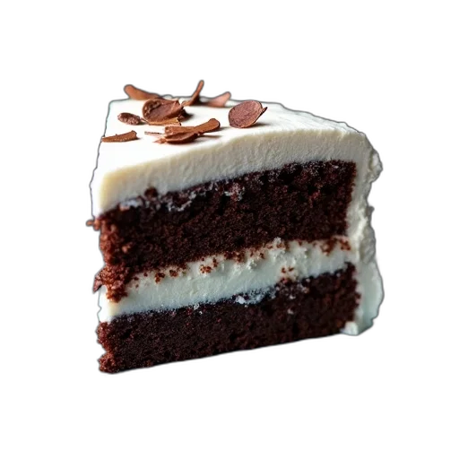 food, 3d render, photorealistic, slice, chocolate, cake, white, frosting transparent PNG cut-out