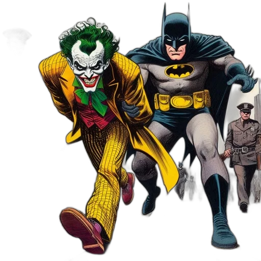 comic book art, concept art, batman, pursues, joker, two, guards, urban transparent PNG cut-out