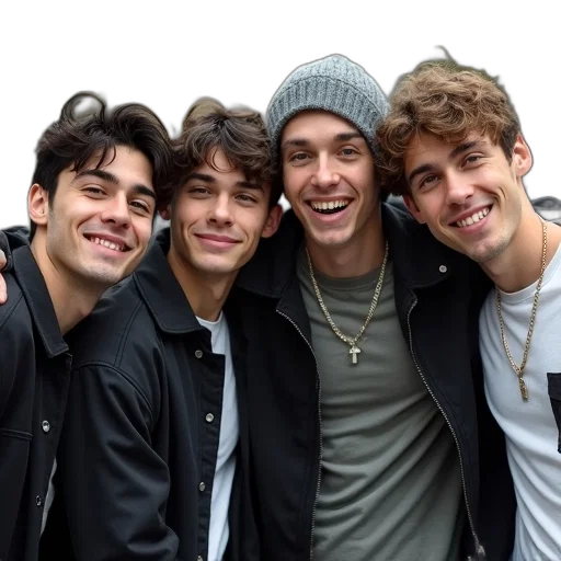 jacket, first, image, shows, four, young, men, posing transparent PNG cut-out
