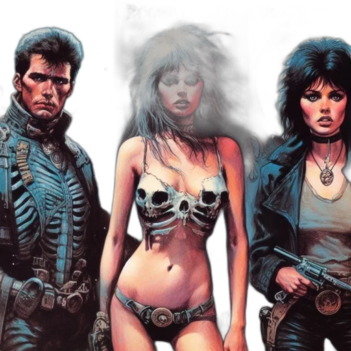 comic book art, concept art, cyberpunk, fantasy art, three, individual, scenes, feature transparent PNG cut-out