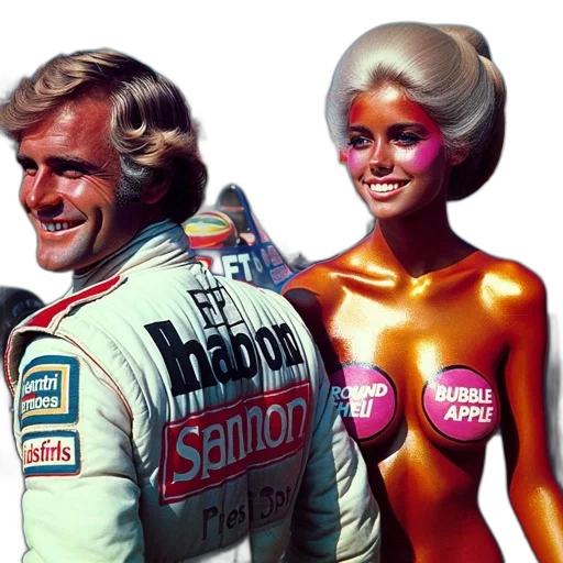 concept art, photorealistic, comic book art, man, woman, smile, beside, racecar transparent PNG cut-out