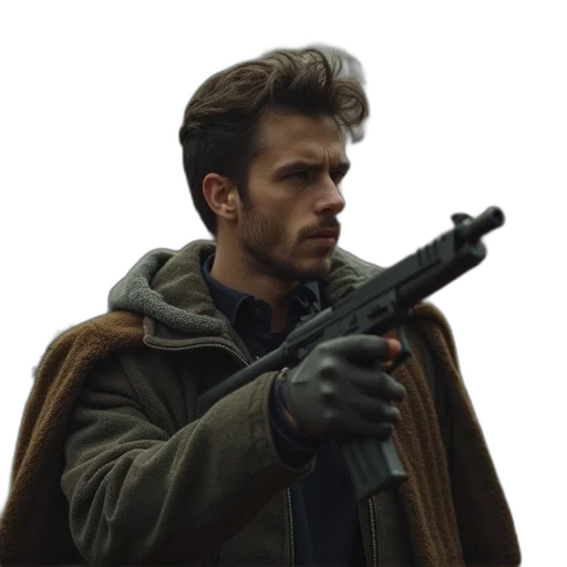 jacket, weapon, face, staff, concept art, cyberpunk, comic book art, photorealistic transparent PNG cut-out