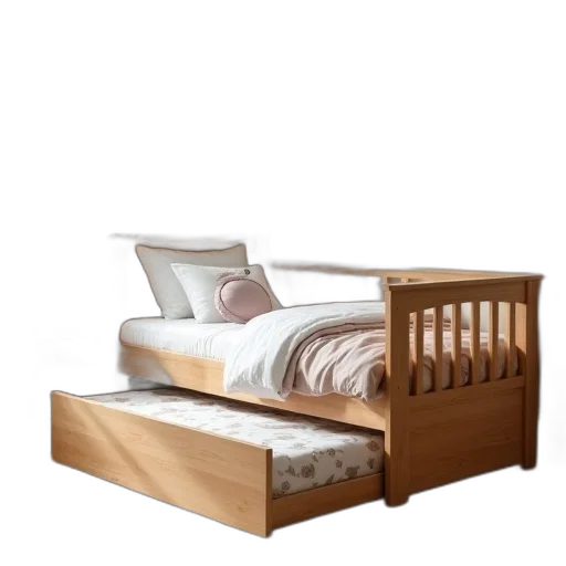 furniture, 3d render, photorealistic, earth tones, wooden, children, bed, trundle transparent PNG cut-out