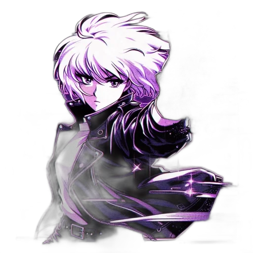 jacket, hair, staff, mask, concept art, cyberpunk, anime, vaporwave transparent PNG cut-out