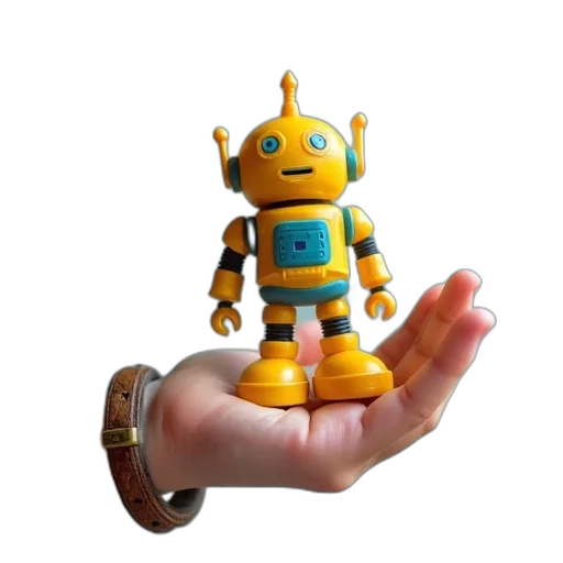robot, 3d render, concept art, child, hand, holding, yellow, blue transparent PNG cut-out