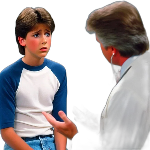 indoor, medical, room, concerned, young, boy, gazes, elderly transparent PNG cut-out