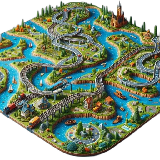 concept art, 3d render, illustration, depicts, fantastical, landscape, winding, roads transparent PNG cut-out