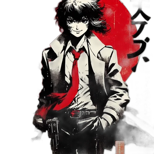 jacket, weapon, comic book art, concept art, anime, cartoon, red, monochrome transparent PNG cut-out