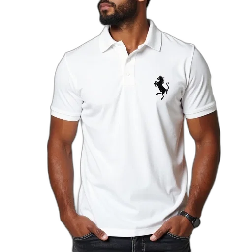 monochrome, man, wearing, white, polo, shirt, black, emblem transparent PNG cut-out