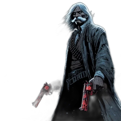 concept art, comic book art, cyberpunk, fantasy art, man, glowing, red, guns transparent PNG cut-out