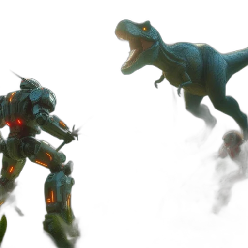concept art, 3d render, fantasy art, rex, lunges, humanoid, robots, jungle transparent PNG cut-out