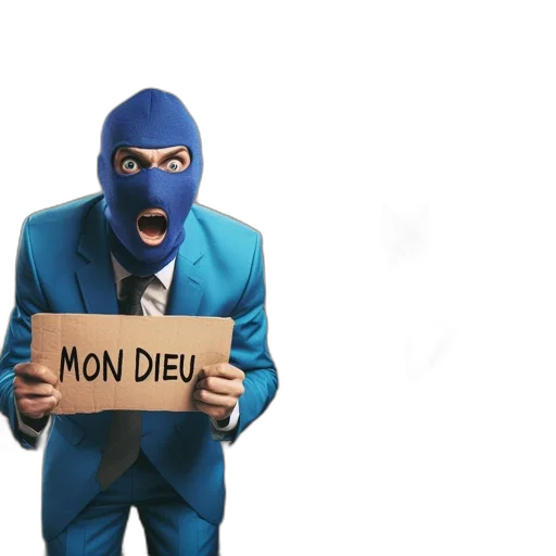 mask, 3d render, concept art, blue, man, suit, holds, sign transparent PNG cut-out