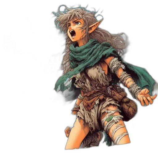 concept art, fantasy art, comic book art, watercolor, earth tones, green, elven, woman transparent PNG cut-out