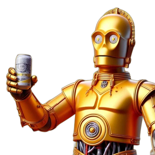 robot, 3d render, image, portrays, golden, c-3po-like, robotic, figure transparent PNG cut-out