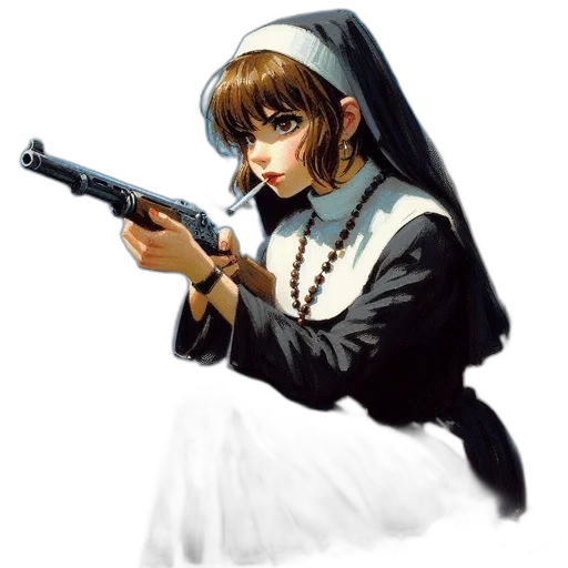 weapon, staff, concept art, anime, pixel art, comic book art, nun-like, character transparent PNG cut-out