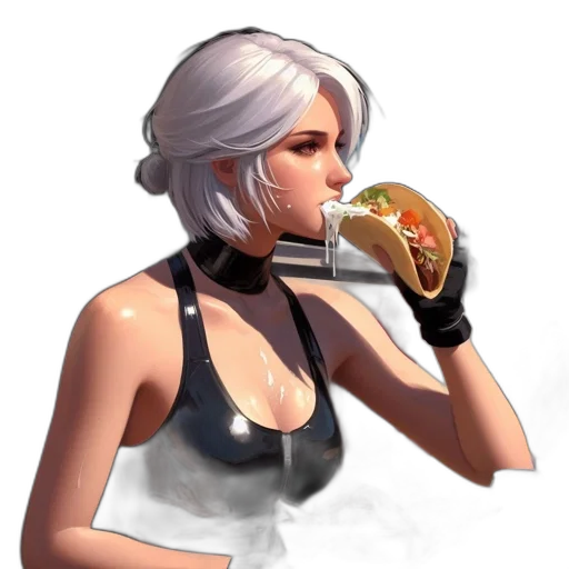 food, concept art, fantasy art, pixel art, photorealistic, woman, silver, hair transparent PNG cut-out