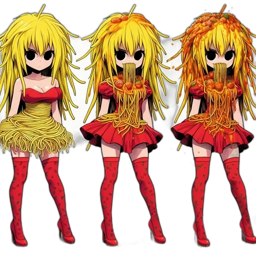 anime, concept art, cartoon, pixel art, three, characters, long, golden-yellow transparent PNG cut-out