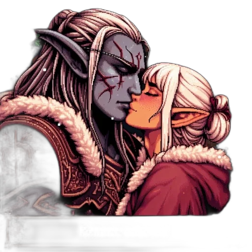 fantasy art, concept art, comic book art, pixel art, snow, red, two, elves transparent PNG cut-out