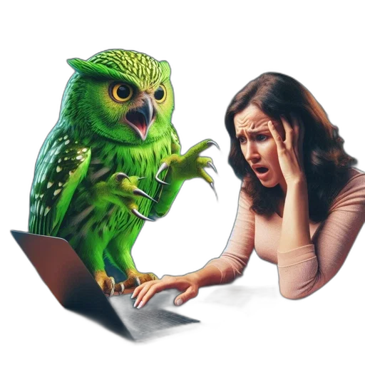 creature, concept art, woman, reacts, anthropomorphic, green-feathered, owl, operating transparent PNG cut-out