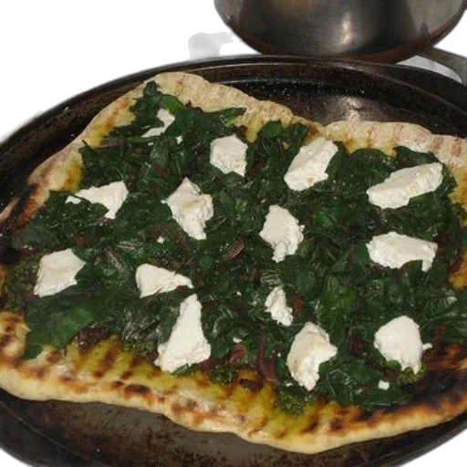 food, homemade, pizza, spinach, feta, cheese, black, pan transparent PNG cut-out