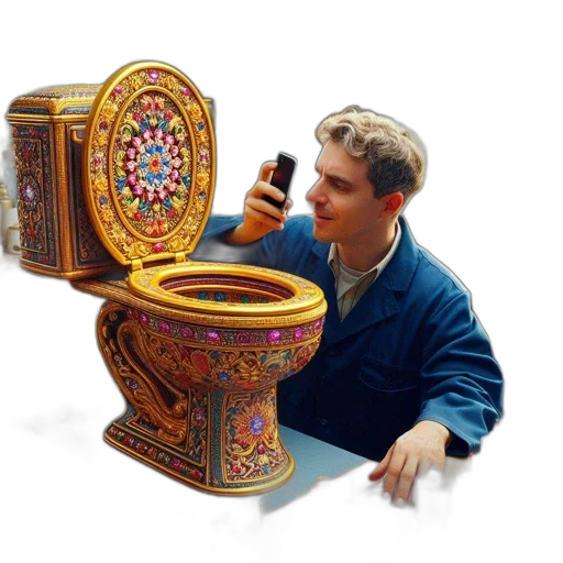 furniture, man, photographs, elaborate, gold, toilet, bowl, within transparent PNG cut-out