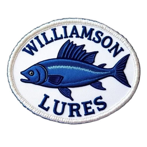 close-up, blue, white, embroidered, patch, featuring, stylized, fish transparent PNG cut-out