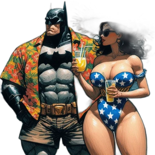 comic book art, concept art, batman, wonder, woman, depicted, beach, setting transparent PNG cut-out