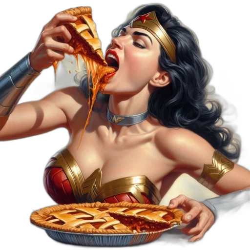 food, comic book art, concept art, photorealistic, fantasy art, wonder, woman, leans transparent PNG cut-out