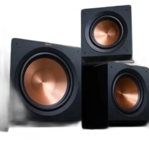 3d render, three, klipsch, subwoofers, black, cabinets, copper-colored, cones transparent PNG cut-out