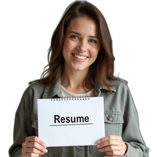 staff, jacket, woman, smiling, holding, notebook, title, job transparent PNG cut-out