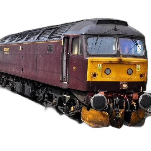 photorealistic, maroon, yellow, train, tracks, front, buildings transparent PNG cut-out