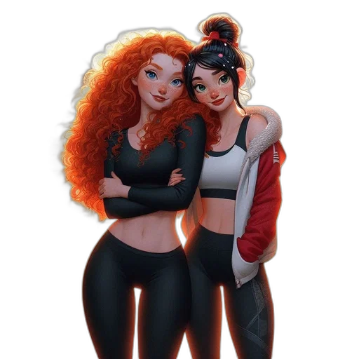 concept art, comic book art, cartoon, fantasy art, neon, dark, two, female transparent PNG cut-out