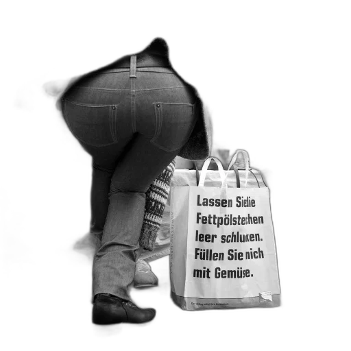 black, white, photo, person, shopping, bag, says, lassen transparent PNG cut-out