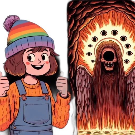 hat, creature, concept art, comic book art, fire, two, contrasting, images transparent PNG cut-out