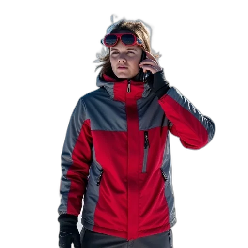 jacket, red, person, grey, holding, cell, phone, their transparent PNG cut-out