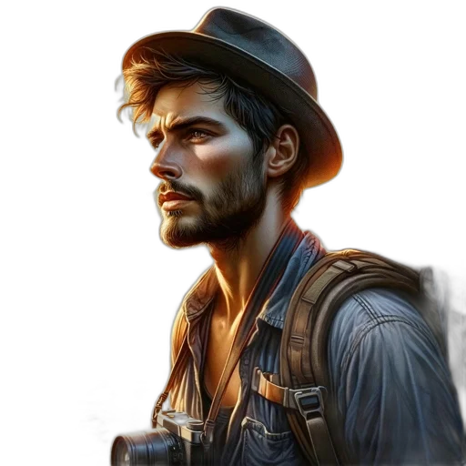 face, hat, concept art, photorealistic, fantasy art, watercolor, golden, earth tones transparent PNG cut-out