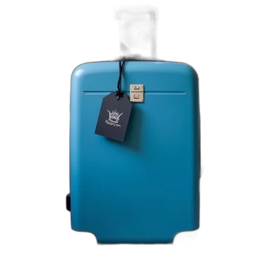 blue, suitcase, black, handle, placed, wooden, stand, against transparent PNG cut-out